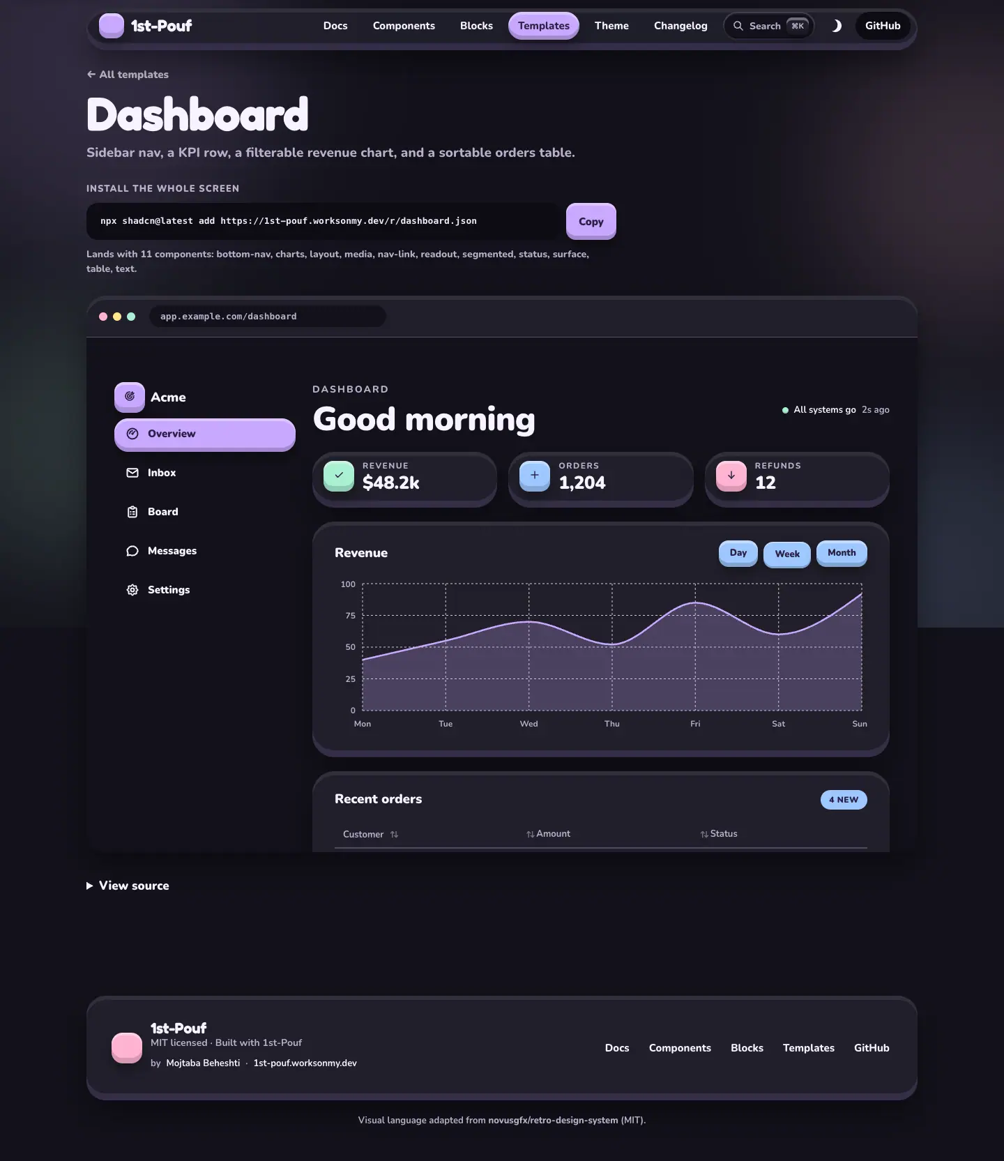 The 1st-pouf docs page for Dashboard, photographed on 2026-09-03