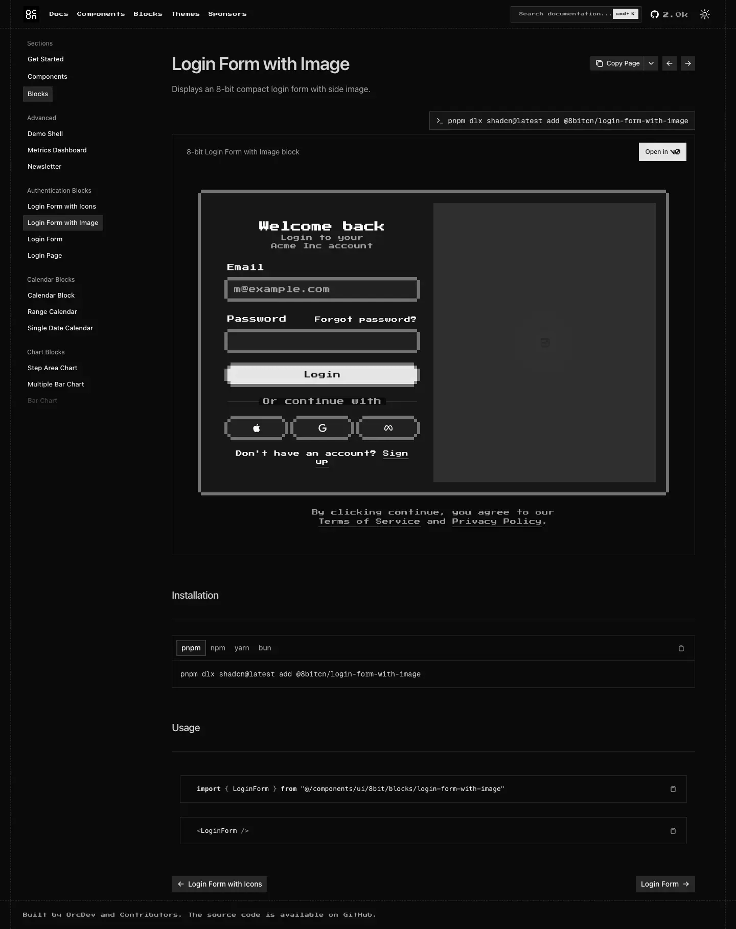 The 8bitcn docs page for 8-bit Login Form with Image, photographed on 2026-09-09
