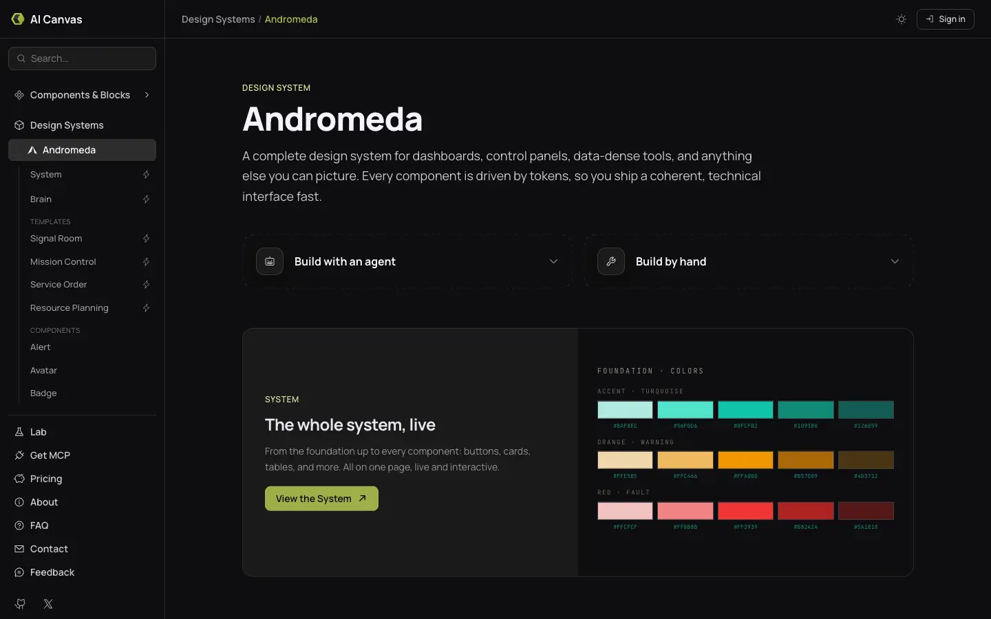 The aicanvas docs page for Andromeda Legacy design system, photographed on 2026-09-06