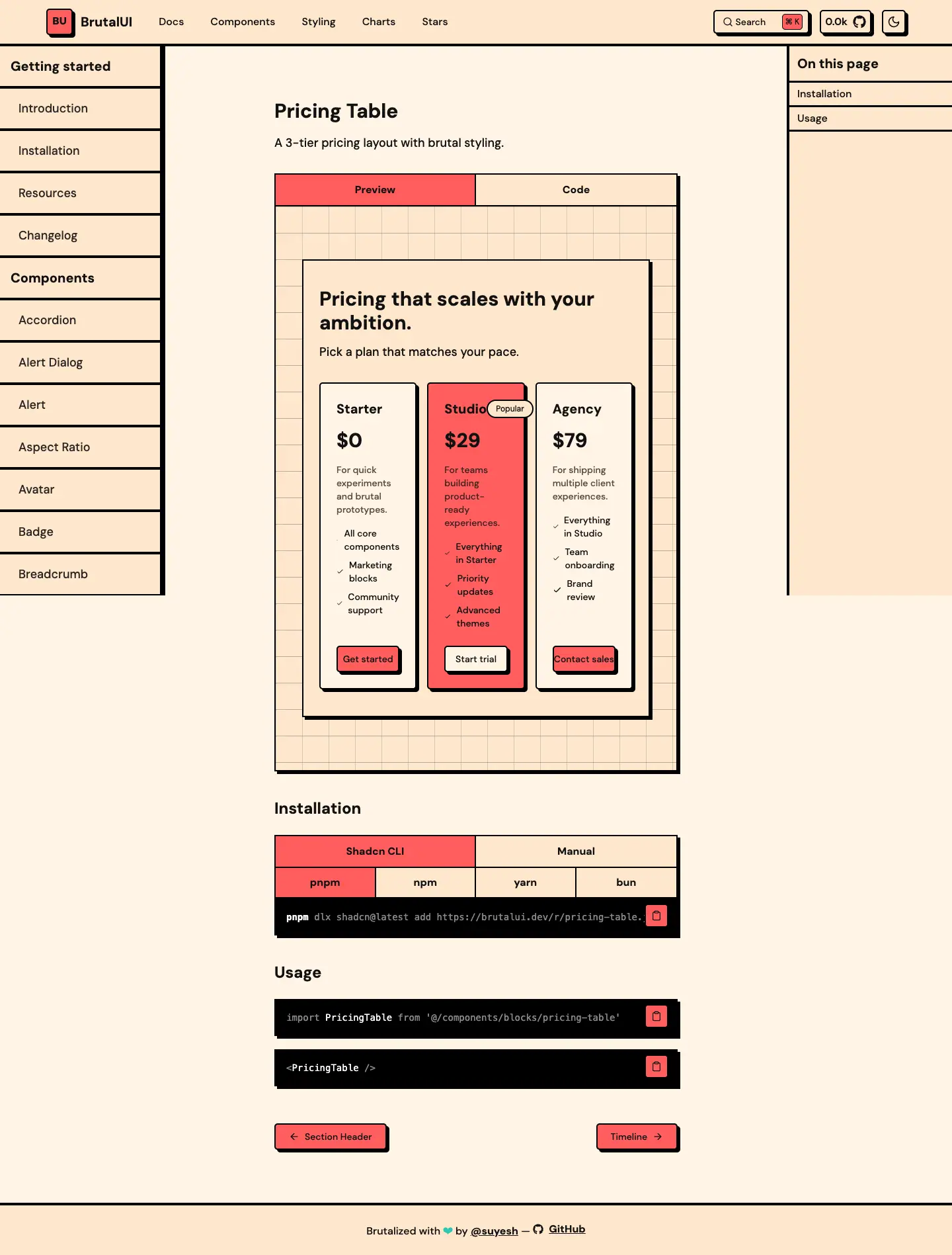The BrutalUI docs page for Pricing table, photographed on 2026-09-12