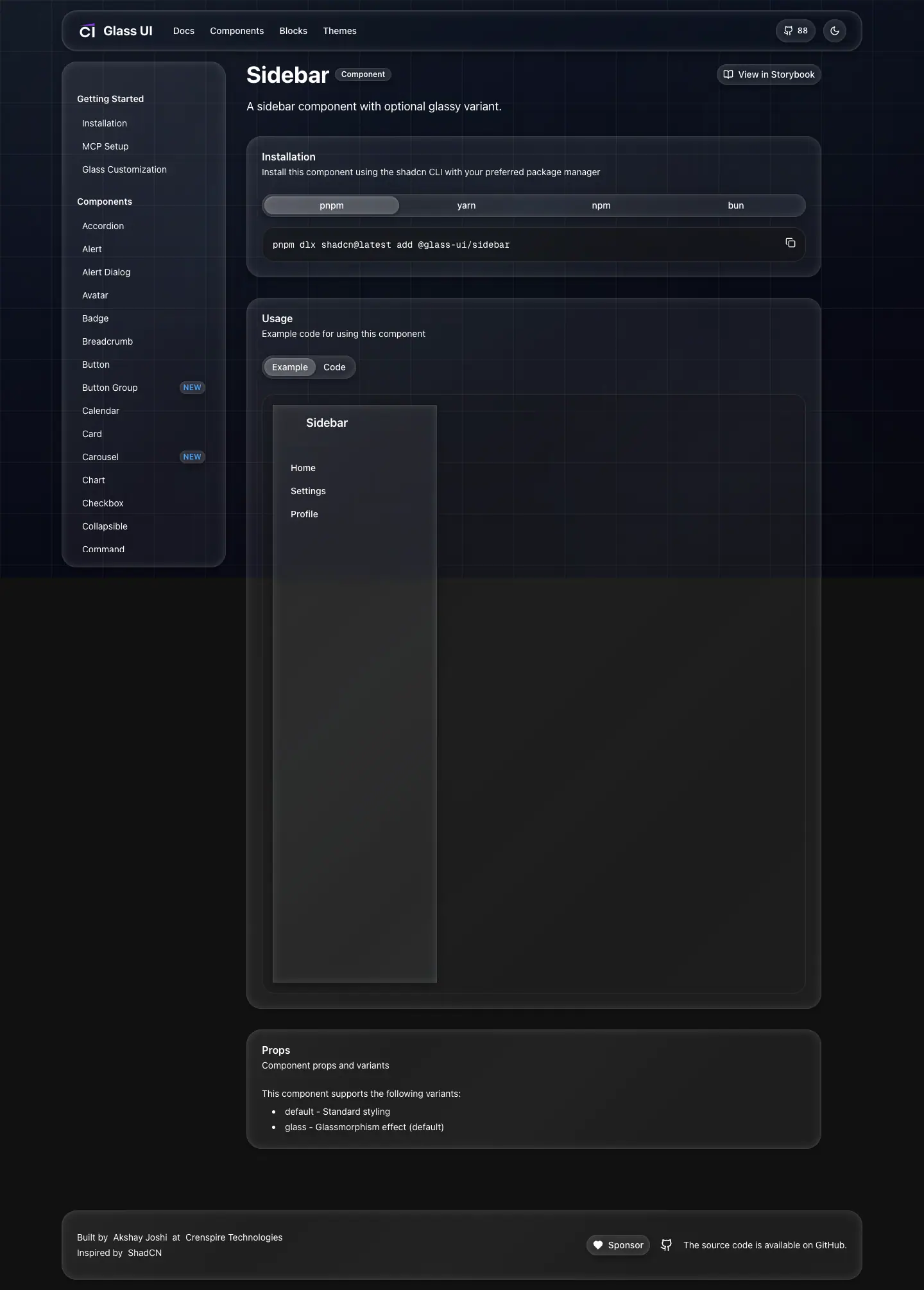 The crenspire/glass-ui docs page for Sidebar, photographed on 2026-08-31