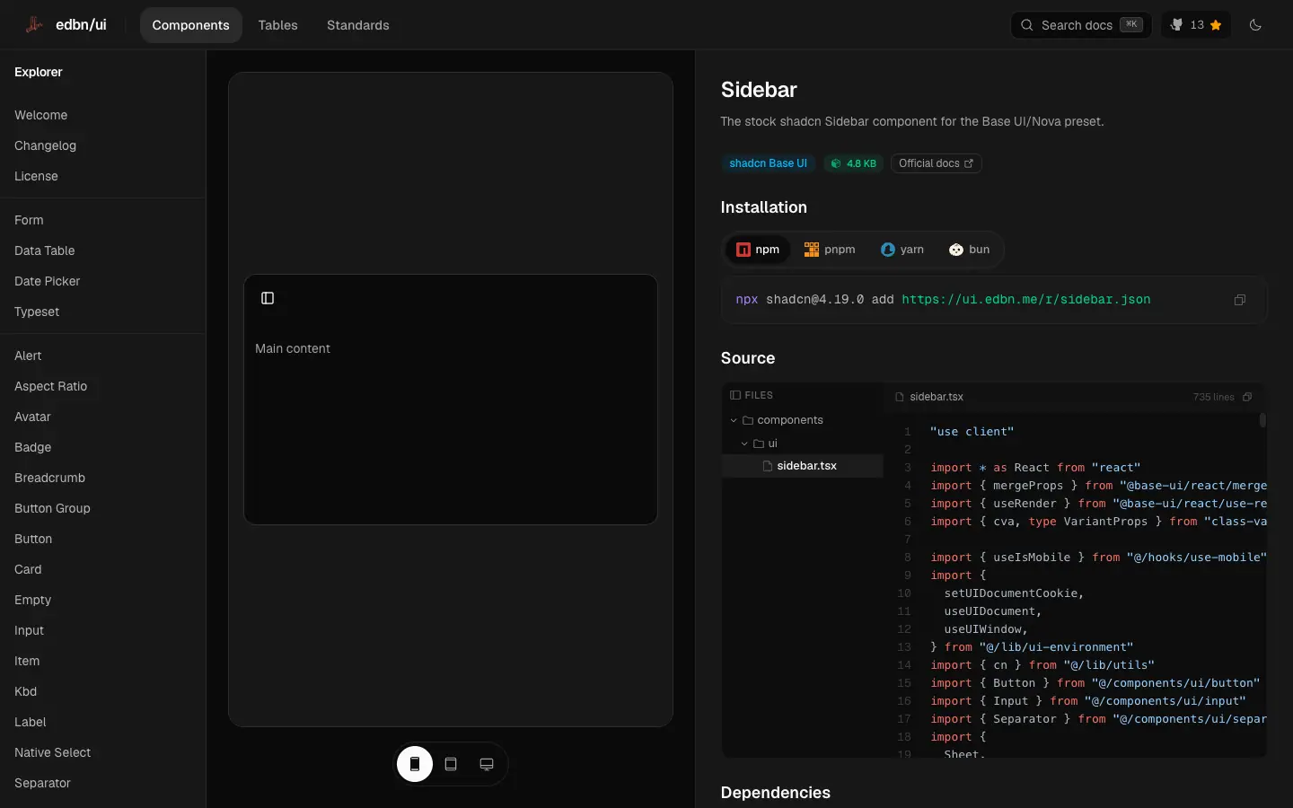 The edbn-ui docs page for Sidebar, photographed on 2026-08-31