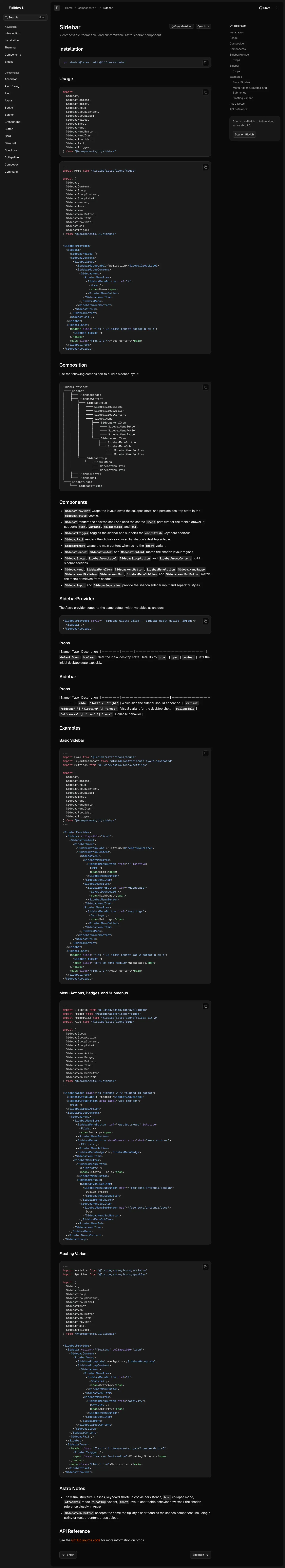 The fulldev/ui docs page for Sidebar, photographed on 2026-08-31