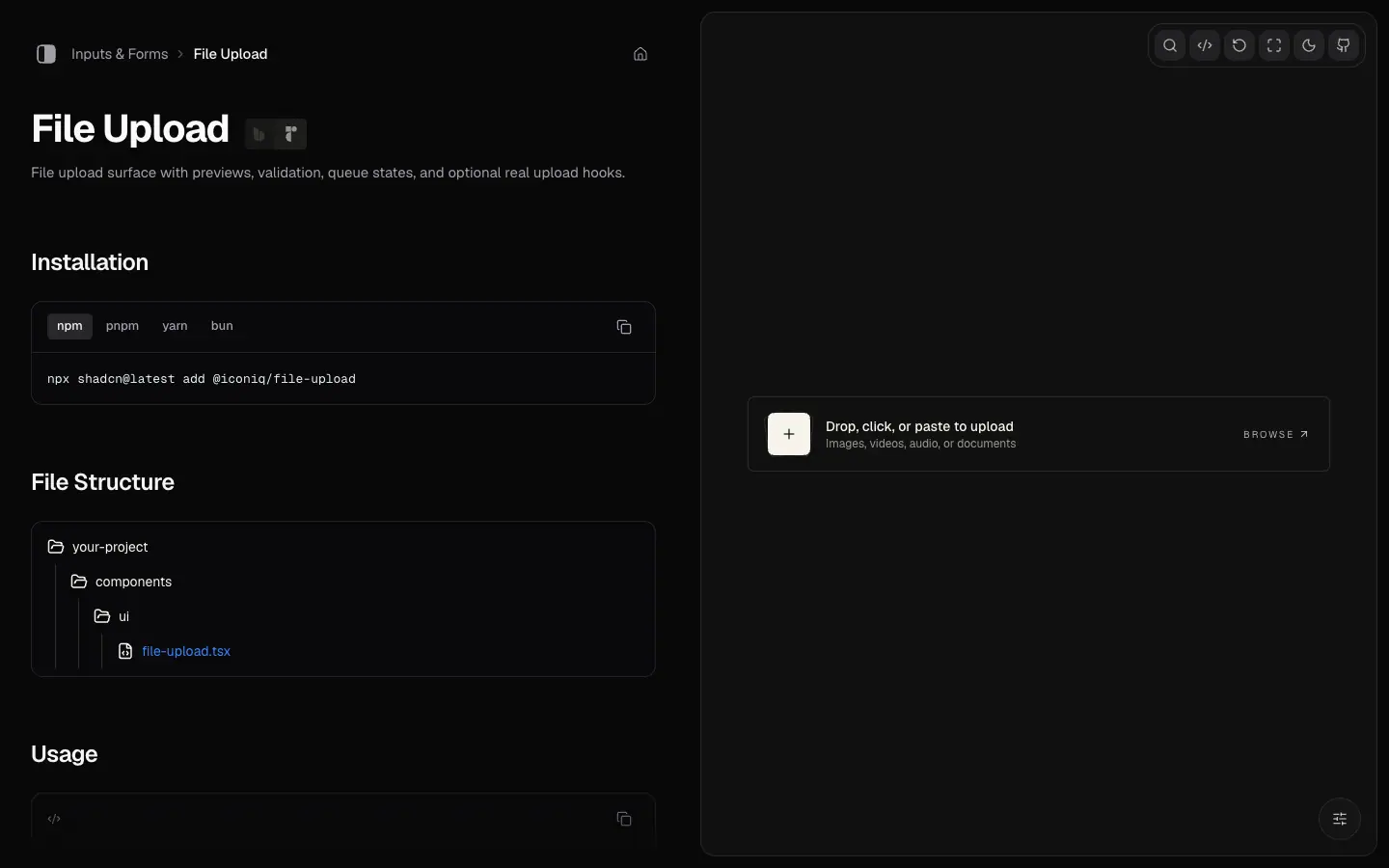 The Iconiq UI docs page for File Upload, photographed on 2026-09-07