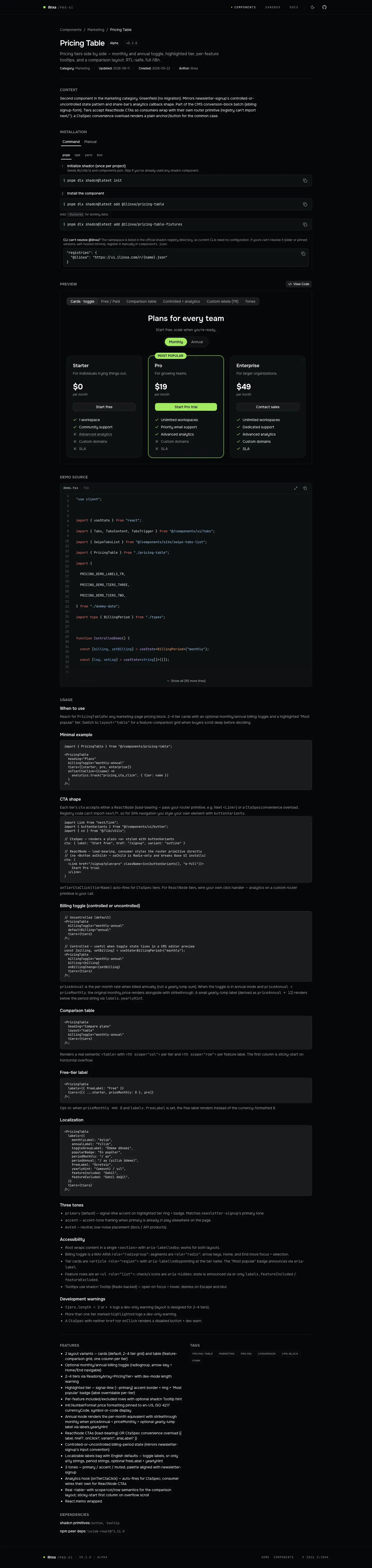 The ilinxa docs page for Pricing Table, photographed on 2026-08-31