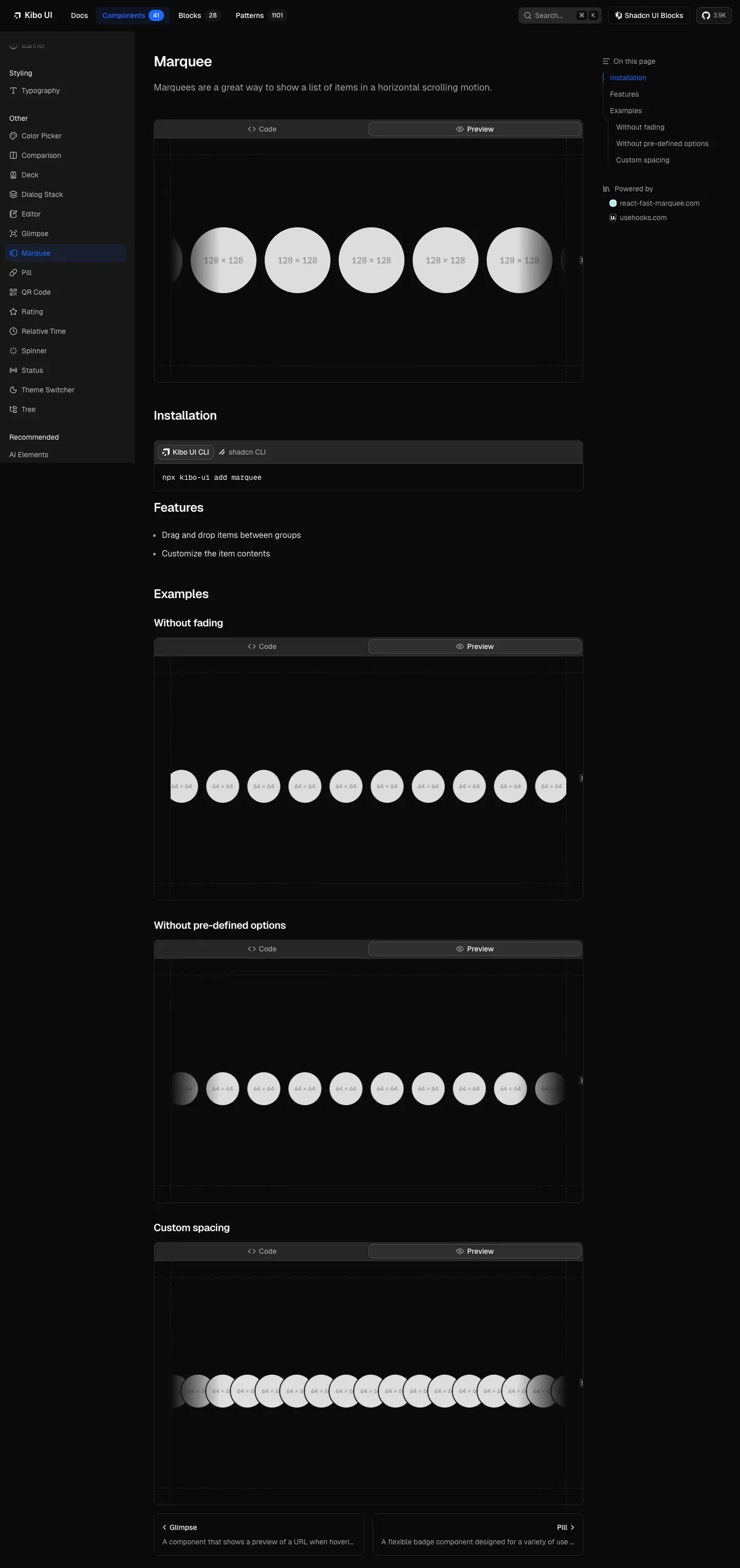 The Kibo UI Registry docs page for marquee, photographed on 2026-09-12