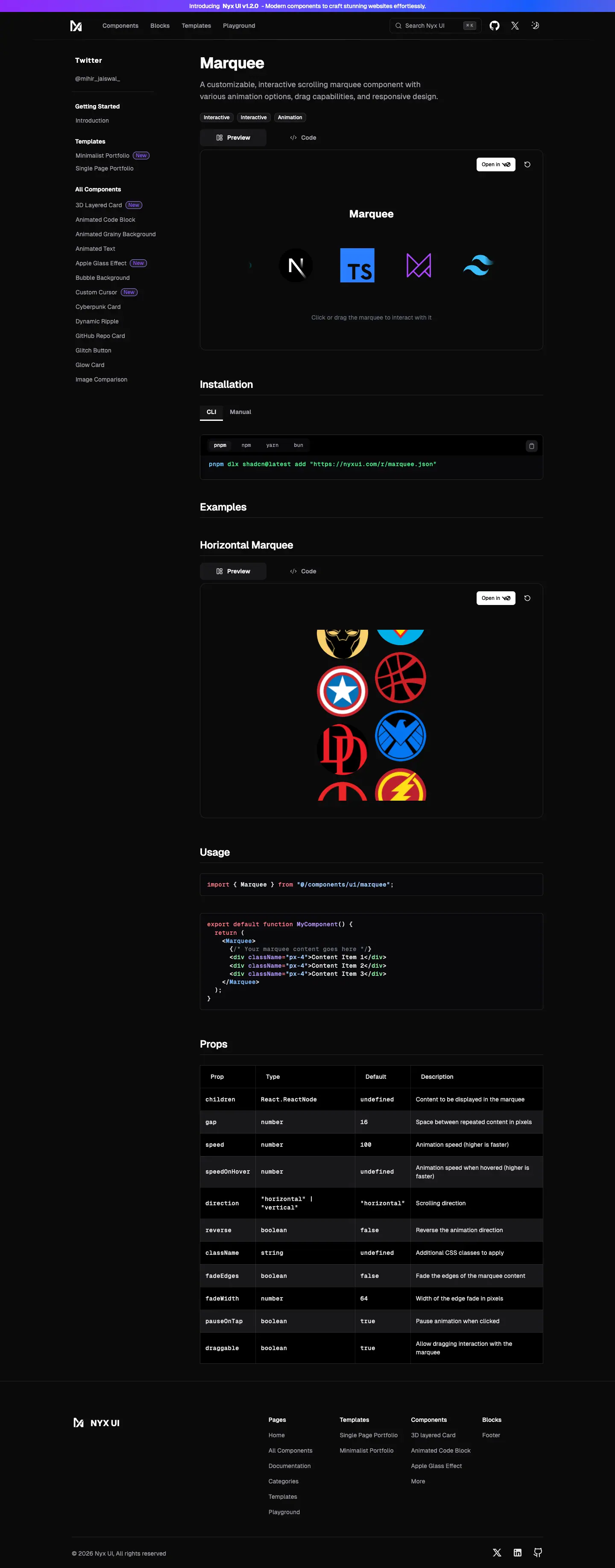 The shadcn/ui docs page for Marquee, photographed on 2026-09-03