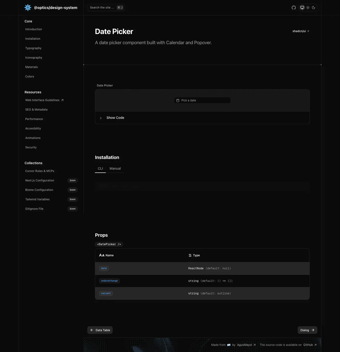 The optics docs page for Date Picker, photographed on 2026-08-31