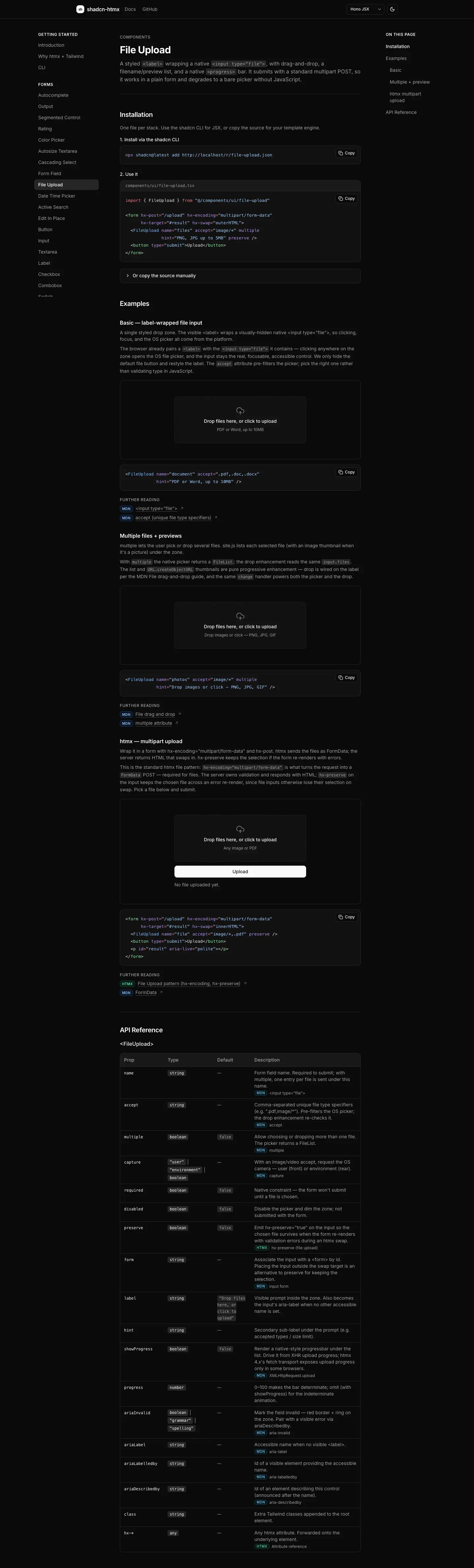 The shadcn-htmx docs page for File Upload, photographed on 2026-09-07