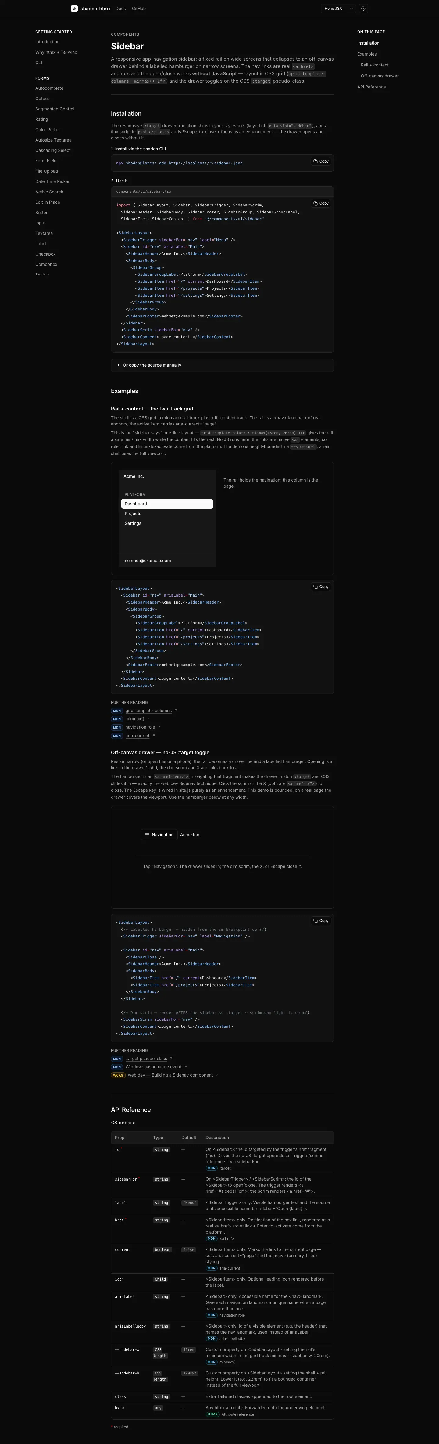 The shadcn-htmx docs page for Sidebar, photographed on 2026-09-07