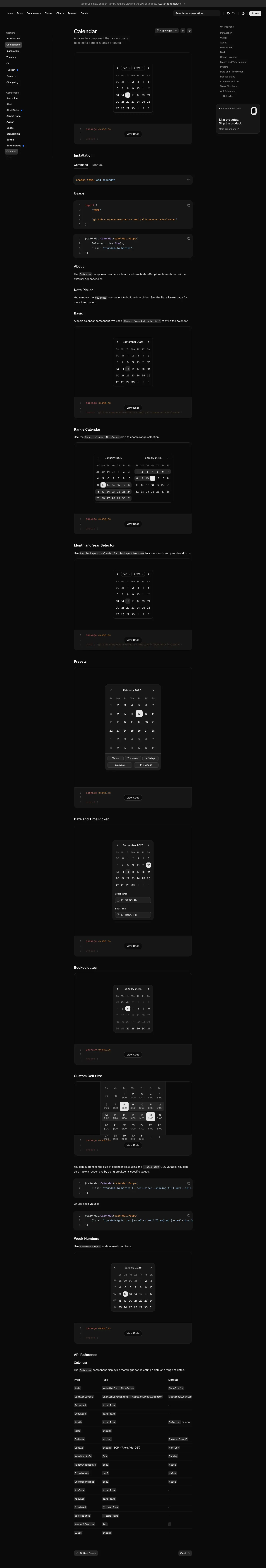 The shadcn-templ docs page for Calendar, photographed on 2026-09-15