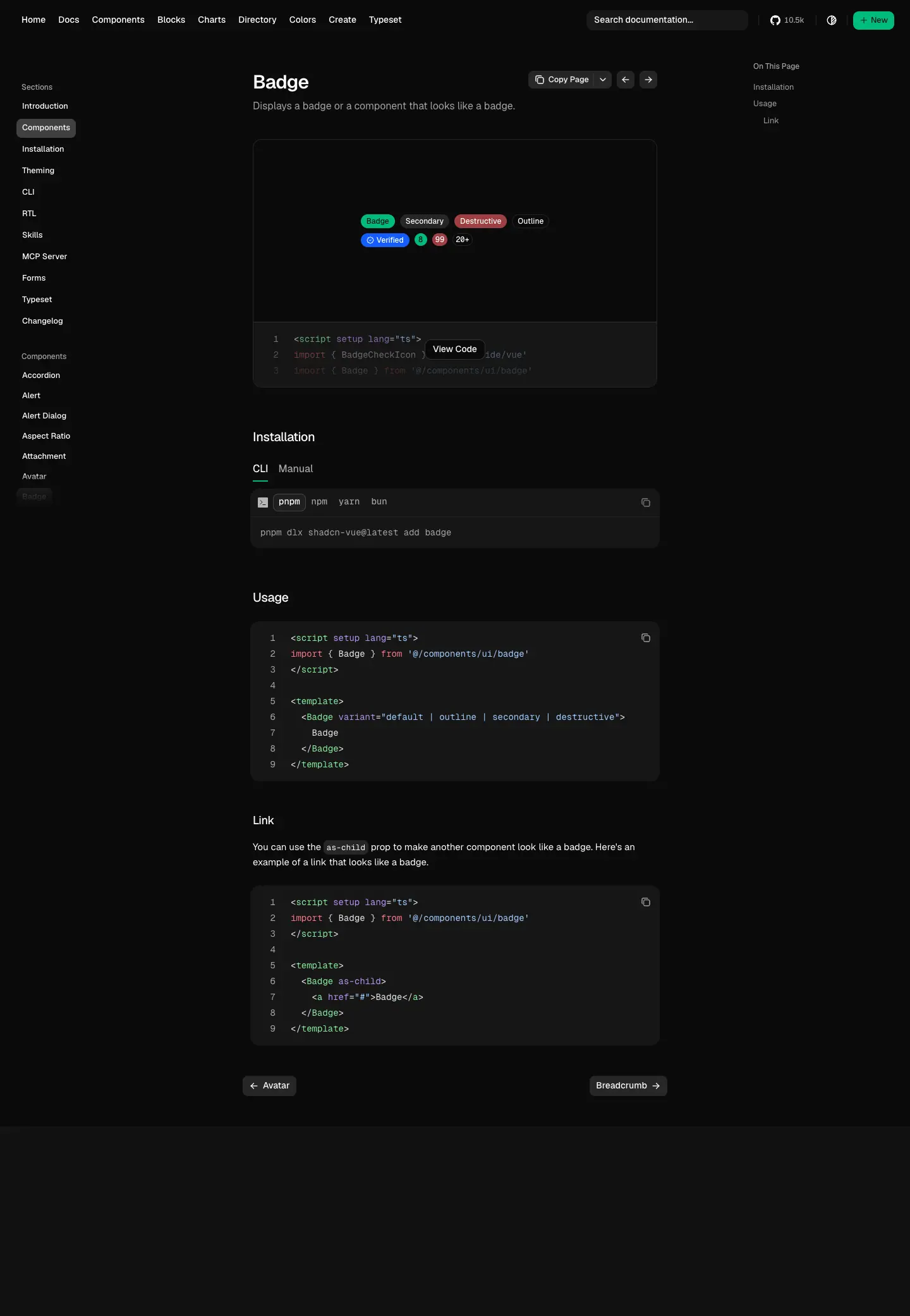 The shadcn-vue docs page for badge, photographed on 2026-09-06