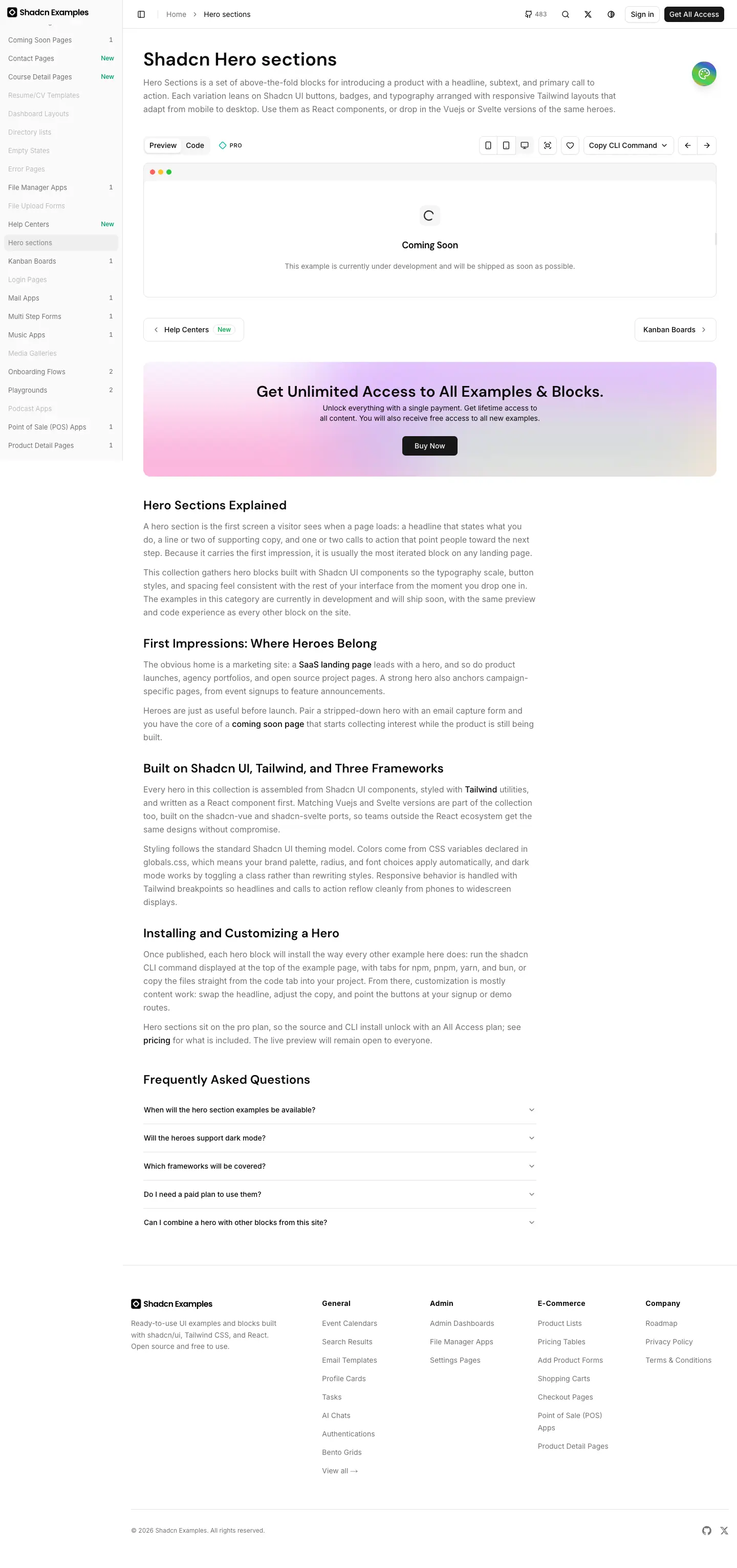 The @shadcnexamples docs page for Hero sections, photographed on 2026-09-03